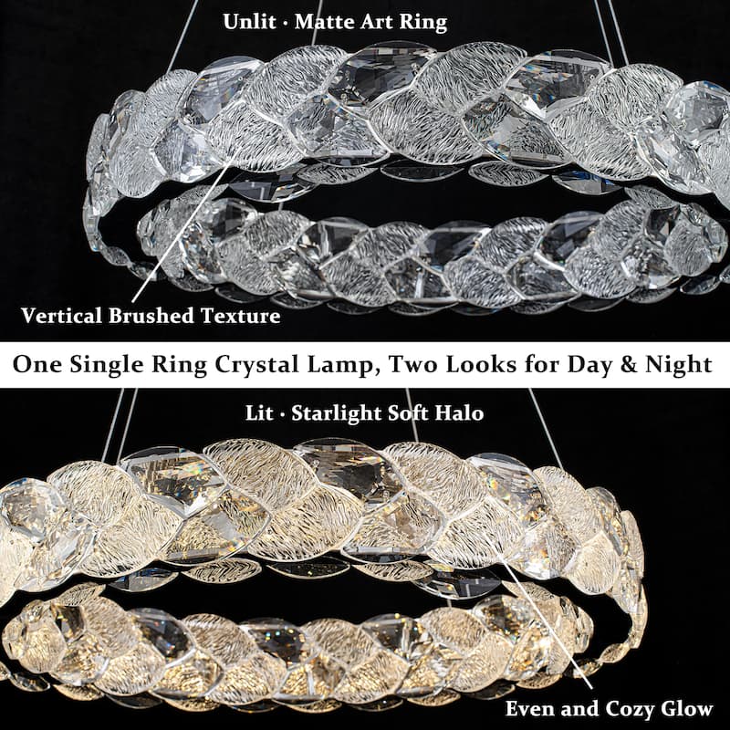 Ring Chrome LED Chandelier Textured Clear & Frosted Crystal Panels - Dia.19.69-in