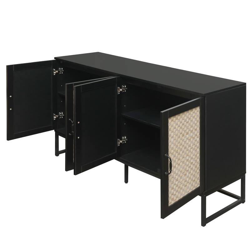 Engineered Rattan Buffet Accent Storage Cabinet 4-Door Sideboard with Adjustable Shelf, Cupboard Console Table Hallway Cabinet