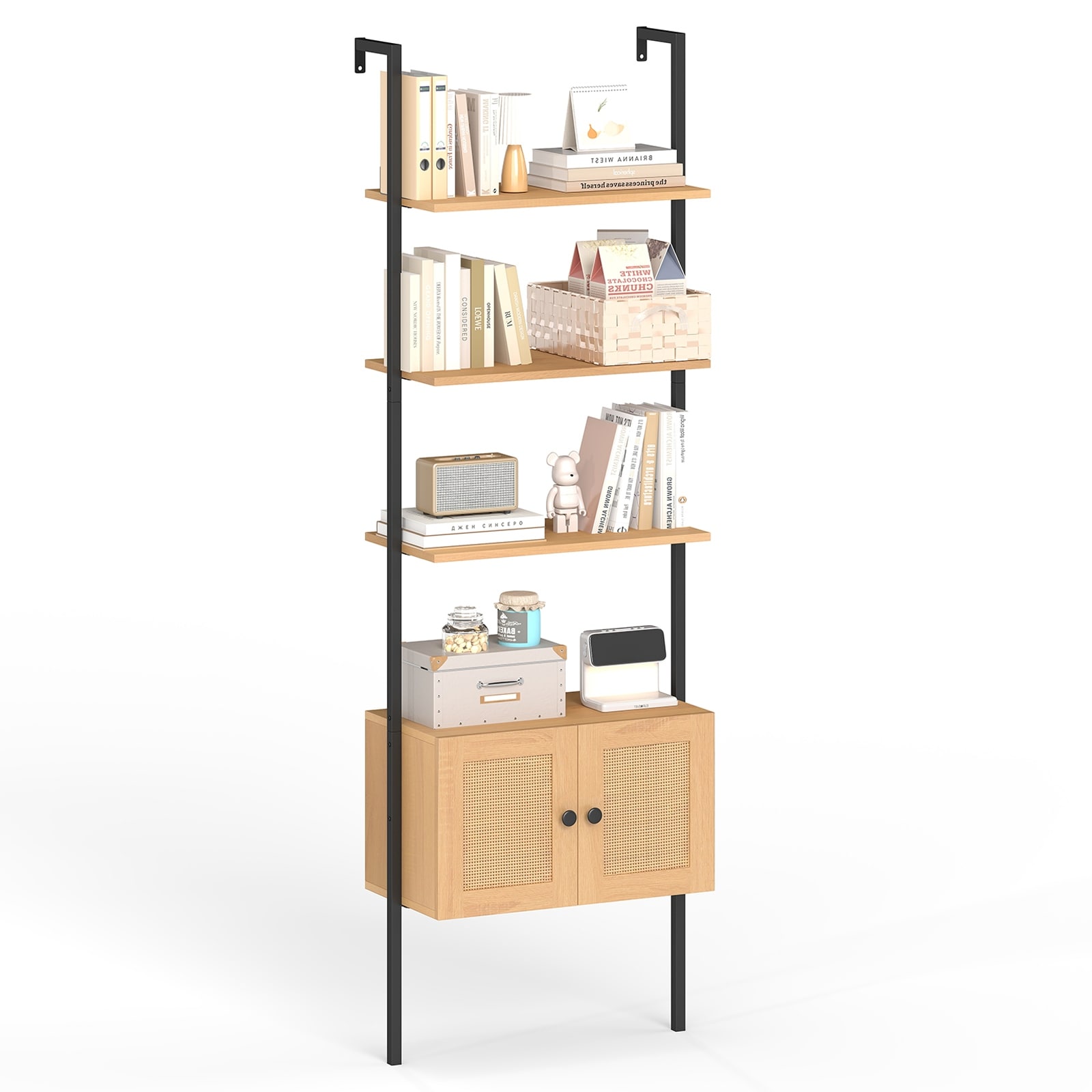 Gymax Wall-Mounted Ladder Shelf 5-tier Bookshelf w/ Rattan-Door