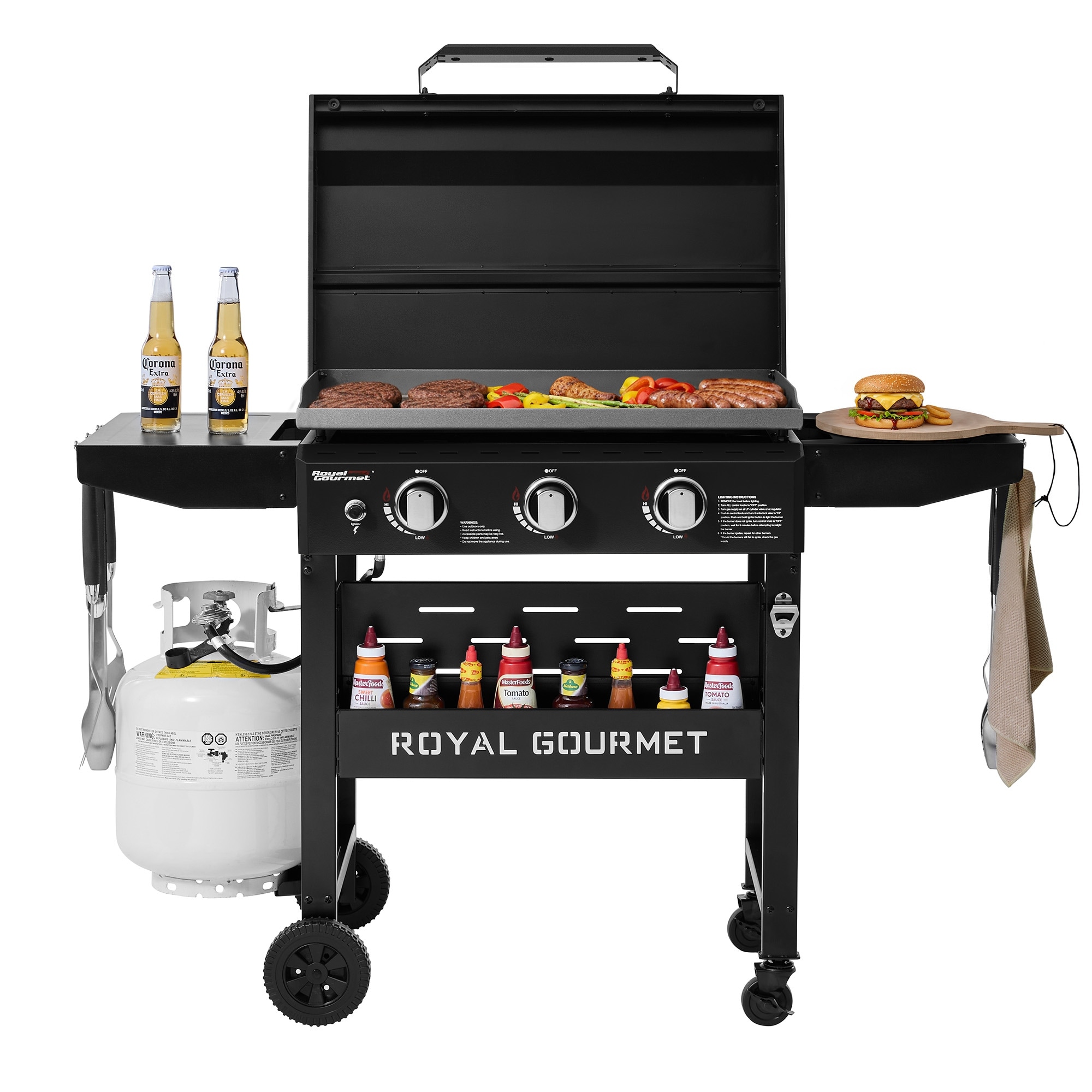 Royal Gourmet GB3000PB 3-Burner Gas Griddle with Hood & Collapsible Side Shelves, 39,000 BTU, 492 Sq. In. Cooking Area
