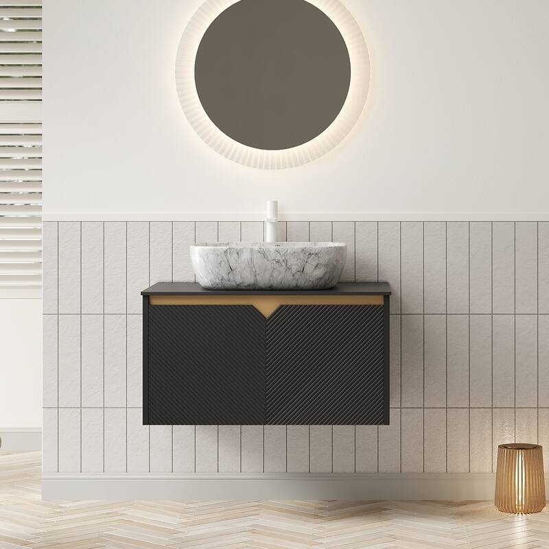GDFStudio - Ruben Modern Floating Bathroom Vanity with Twill Double Doors, Metal Trim & Black Sintered Stone Countertop