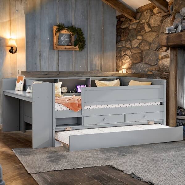 slide 2 of 12, Twin Bunk Bed with Shelves and Drawer, White Grey