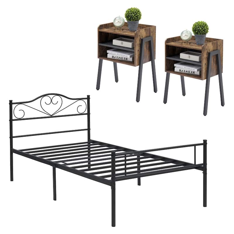 Taomika 3-Pieces Modern Bedroom Set with Brown Nightstand and Black Bed - Brown Nightstands - Twin