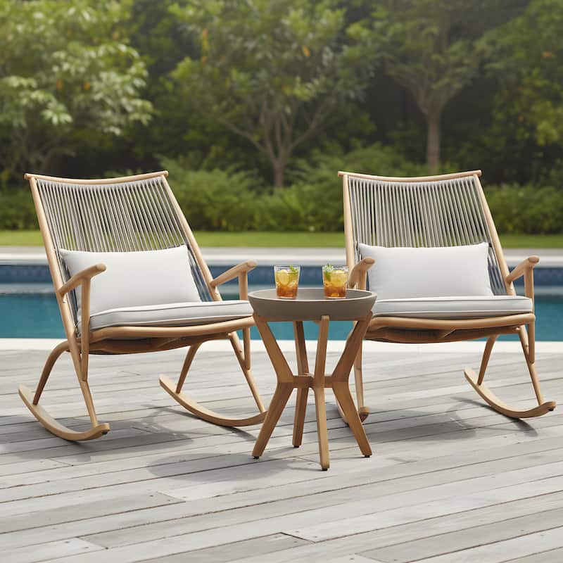 Christopher Knight Home - Calloway Outdoor Faux Rattan Contoured Rocking Chair Set with Lightweight Concrete Side Table - Teak Finish+Beige Cushion - 3-Piece Set