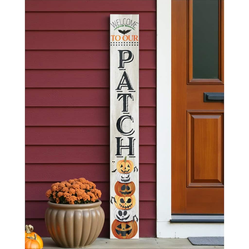 HomeRoots 72" Black Orange And White Solid Wood Welcome Halloween Jack-O-Lantern Porch Sign