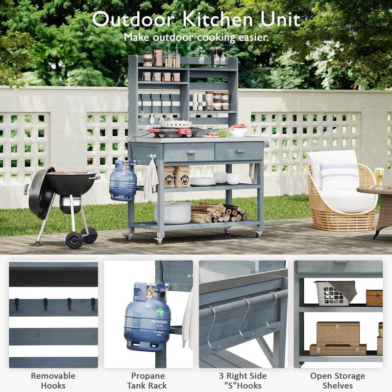 64.9"H Outdoor Potting Table with Lockable Wheels,Solid Wood Kitchen Island with Upper Hutch,Stainless Steel Top,Towel Rack