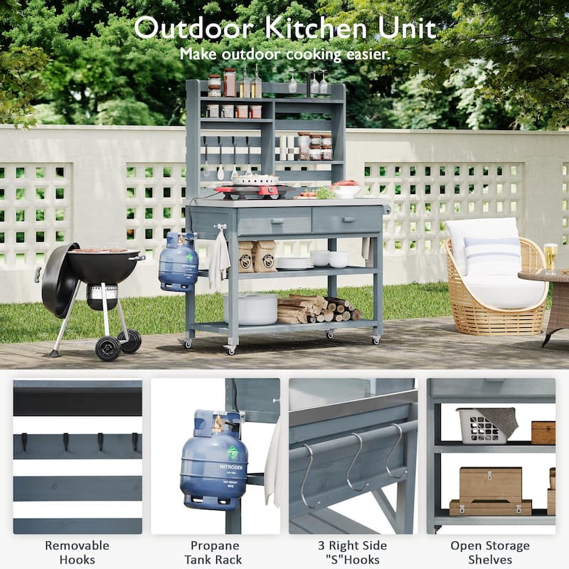 Outdoor Potting Bench Table with Lockable Wheels Solid Wood Kitchen Island and Stainless Steel Top
