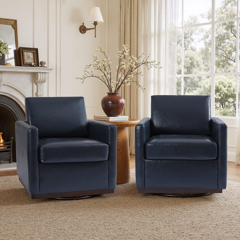 Set of 2 Modern Swivel Accent Armchairs Upholstered Arm Chairs - Faux Leather - Navy