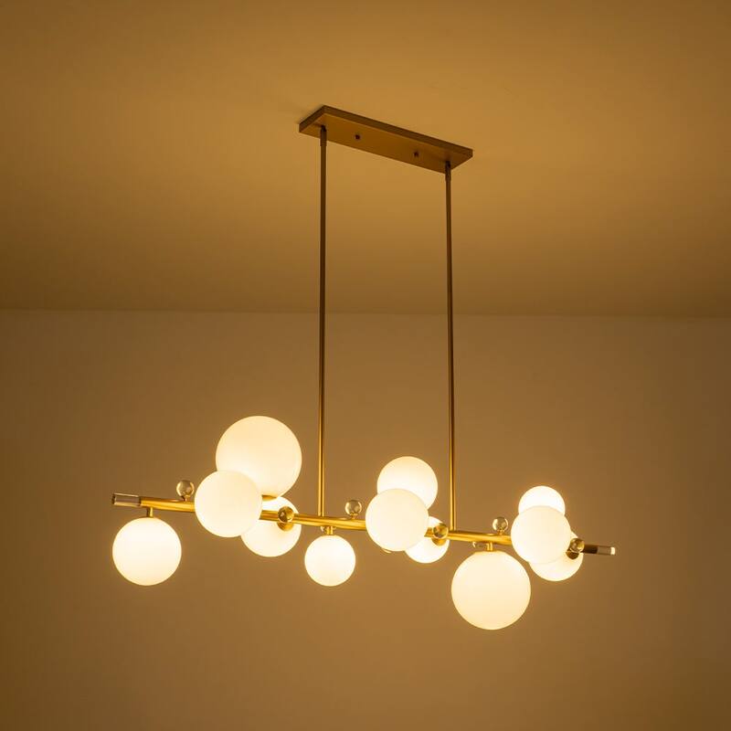 Mid-Century Luxe Milky Glass Globe Linear Chandelier Crystal Accents