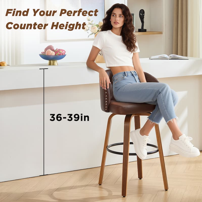 25.5" Faux Leather Upholstered Wood Frame Swivel Counter Height Bar Stool, Set of 2/4
