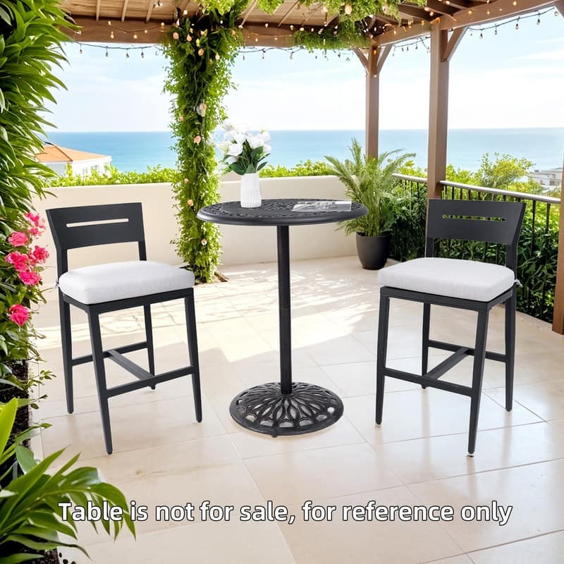 2PC Modern Outdoor Bar Stools: Aluminum, Ergonomic Backrest, Tapered Legs, Footrest, Sunbrella Cushion, Weather-Resistant.