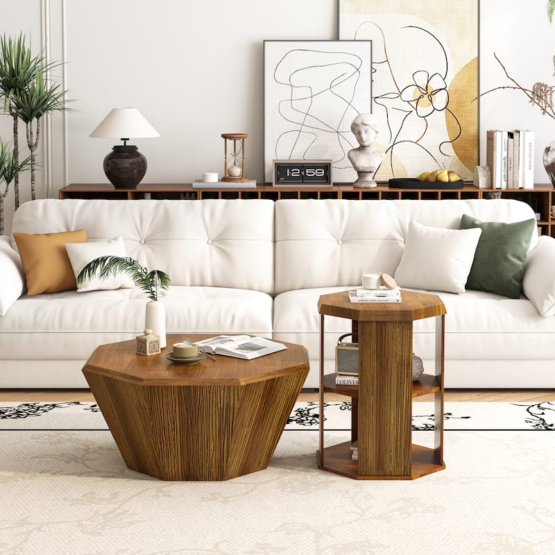 31.5 "Octagonal Rubber wood Set of Two Coffee Table, Coffee Table, Living Room Bedroom(Set of Two Pieces) - Natural