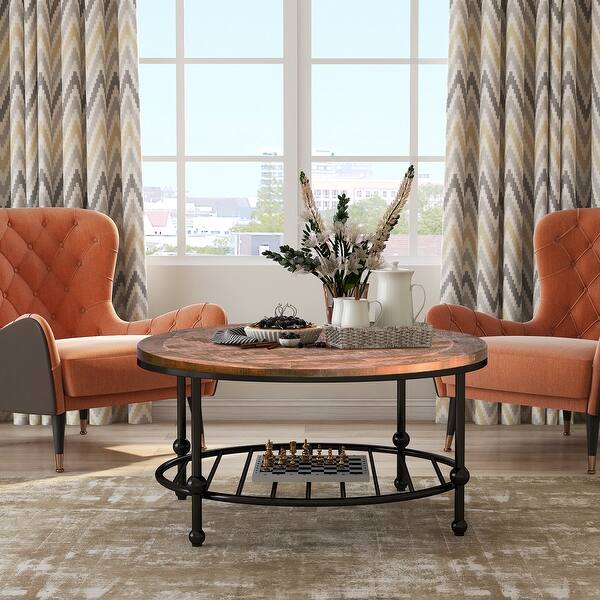 Living Room Rustic Natural Round Coffee Table with Storage Shelf(Round