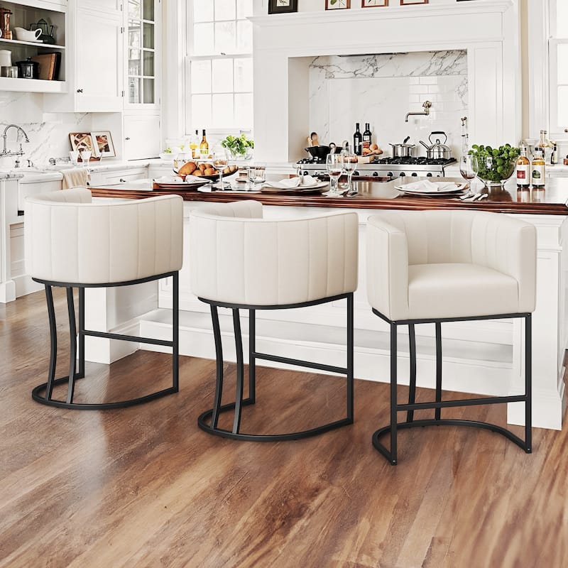 LUE BONA Modern 26.in Low Back Barstool Counter Height Stool Upholstered/PU Leather Barrel Bar Stools with Metal Frame