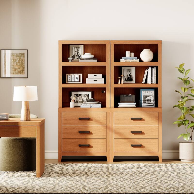 3-Tier Bookshelf with 3 Large Drawers, 74" Tall Farmhouse Bookcase with Wide Metal Handles, for Living Room, Office, Library