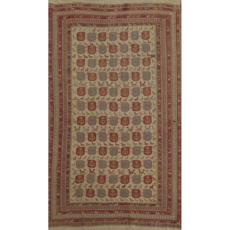 Hand Woven Oriental 100% Wool Carpet Traditional Tribal Beige & Ivories Sumak Area Rug - 7' 1'' X 4' 6''