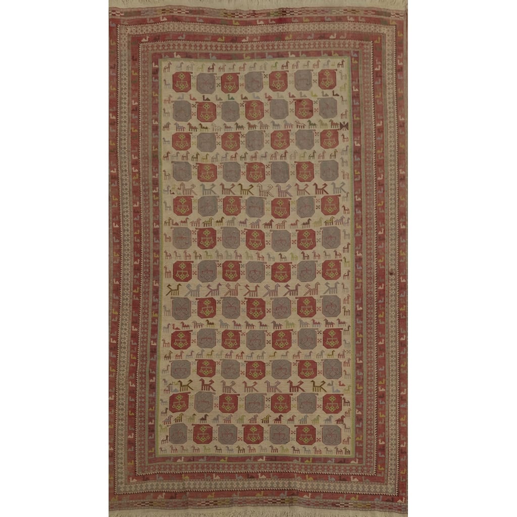 Hand Woven Oriental 100% Wool Carpet Traditional Tribal Beige & Ivories Sumak Area Rug - 7' 1'' X 4' 6''