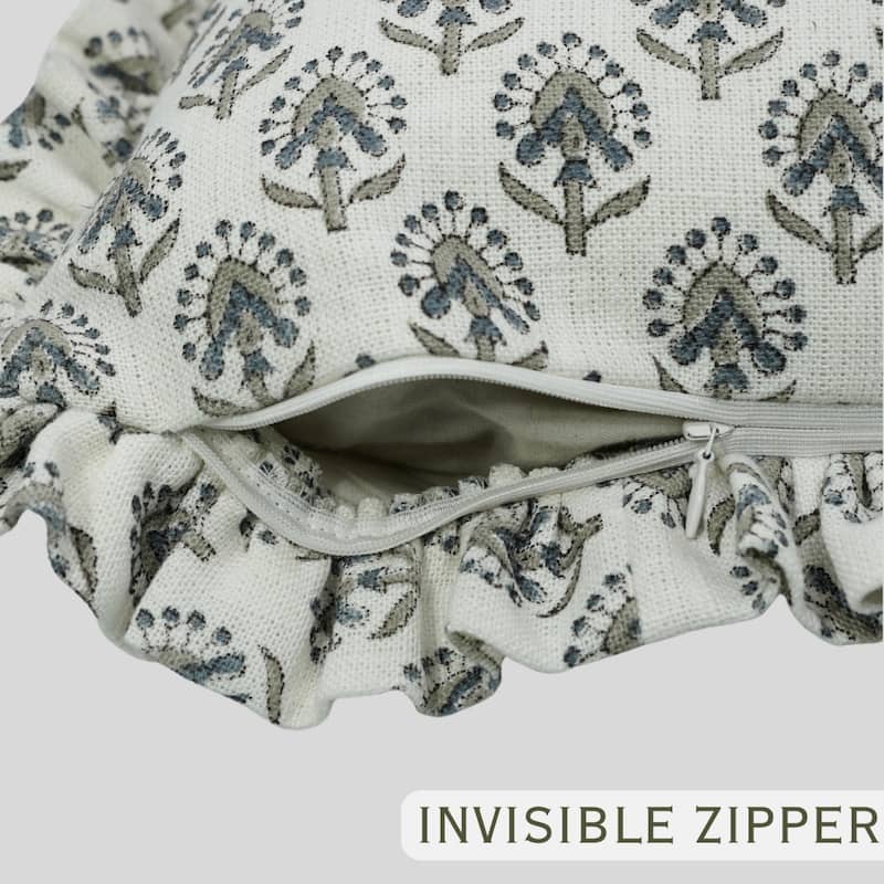 Fabdivine Heavy Linen Floral Ruffled Both Side Cushion Cover Home Décor Accent