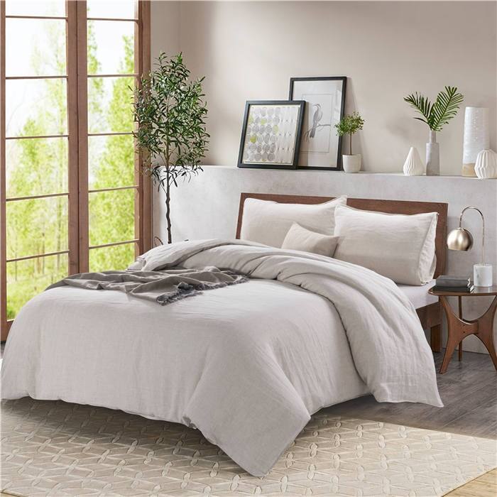 WHOLINENS Stone Washed Linen Duvet Cover with Pillow Shams 3Pcs Set - Natural - Queen