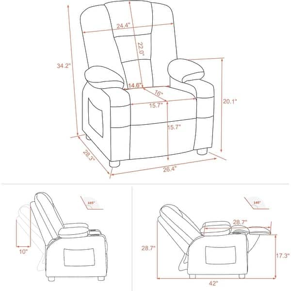 dimension image slide 2 of 4, MCombo Big Kids Recliner Chair for Toddler Boys and Girls Faux Leather - 28.3"(L)x26.4"(W)x34.2"(H)