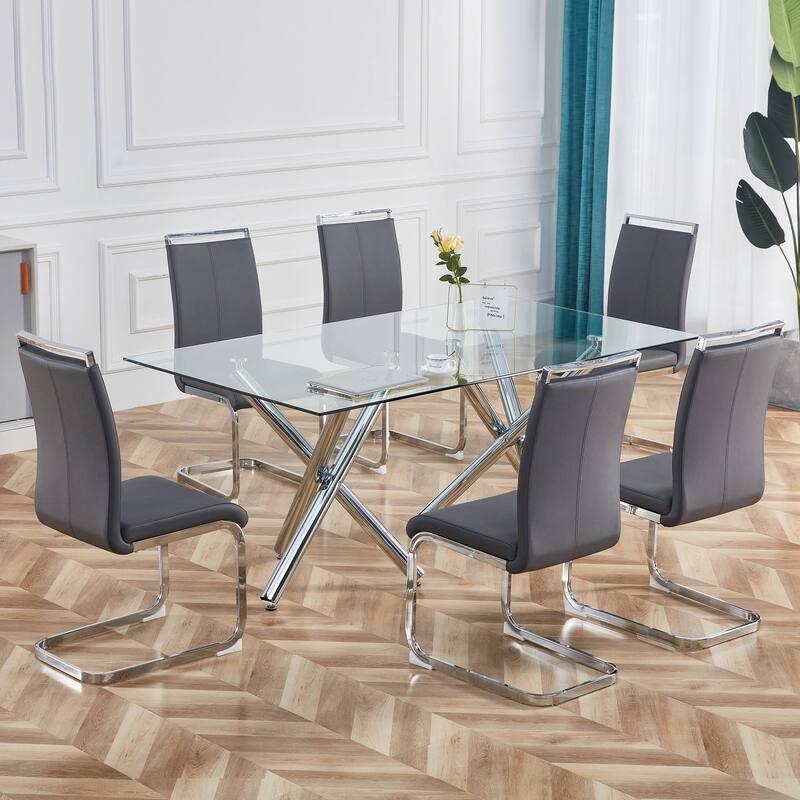 Modern PU Faux Leather High Back Dining Chairs with C-shaped Tube Chrome Metal Legs for Multiple Rooms