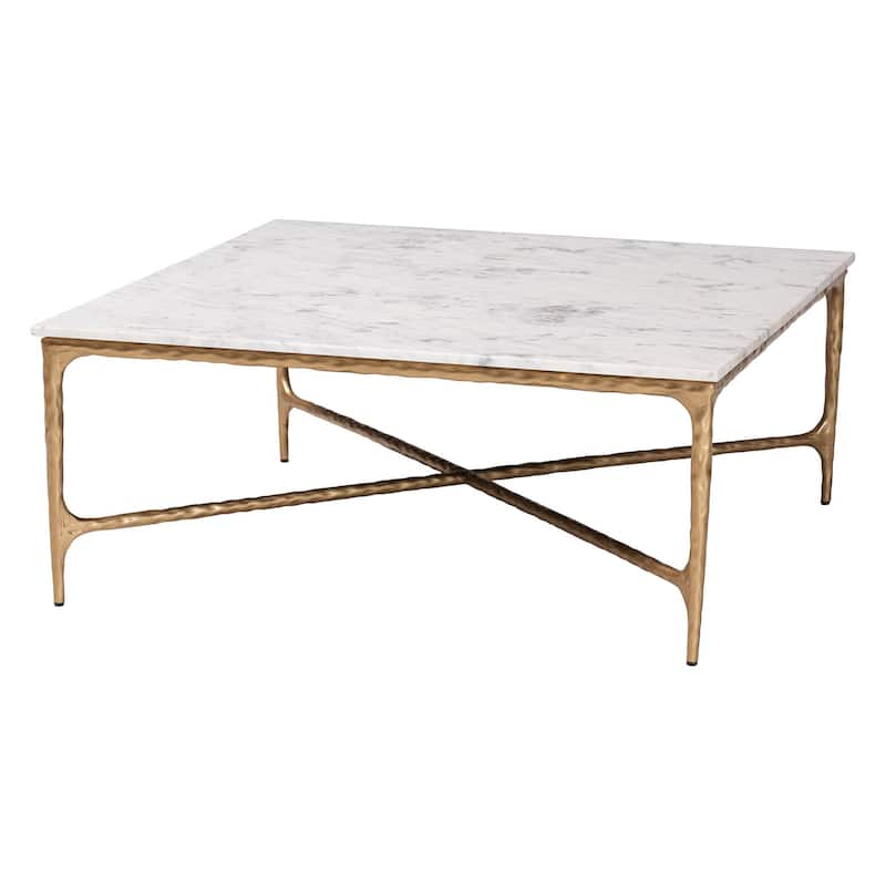 Akanji Marble Coffee Table - Modern Rustic Accent Table with Hand-Forged Metal Frame for Living Room or Seating Areas - Marble White, Gold - Square