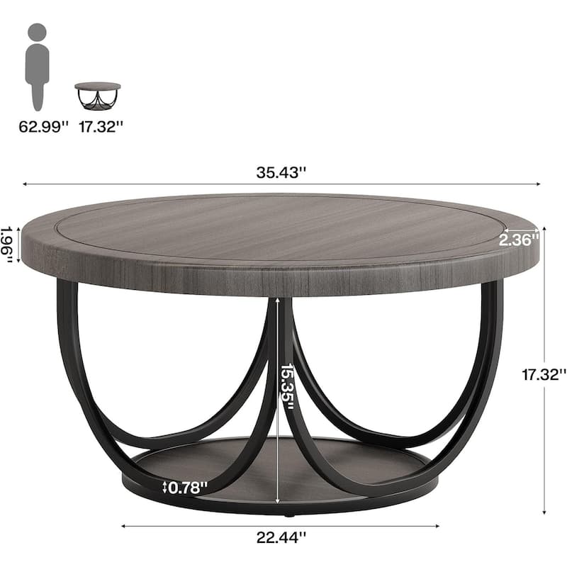 2-Tier Round Coffee Tables for Living Room, 31.5" Wooden Circle Accent Cocktail Table with Shelf - 35.4"L x 35.4"W x 17.3"H