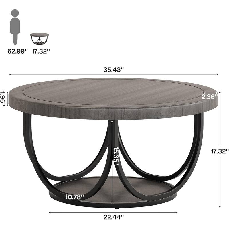 Round Coffee Table with 2 Tiers Storage Shelf for Living Room