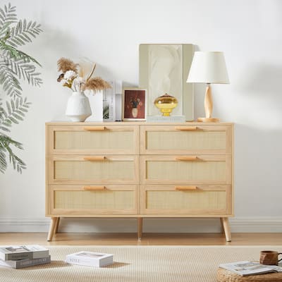 6 Drawer Double Dresser, Floor Standing Wooden Storage Cabinet, Storage Wardrobe Dresser with Gold Handles & Solid Wood Legs