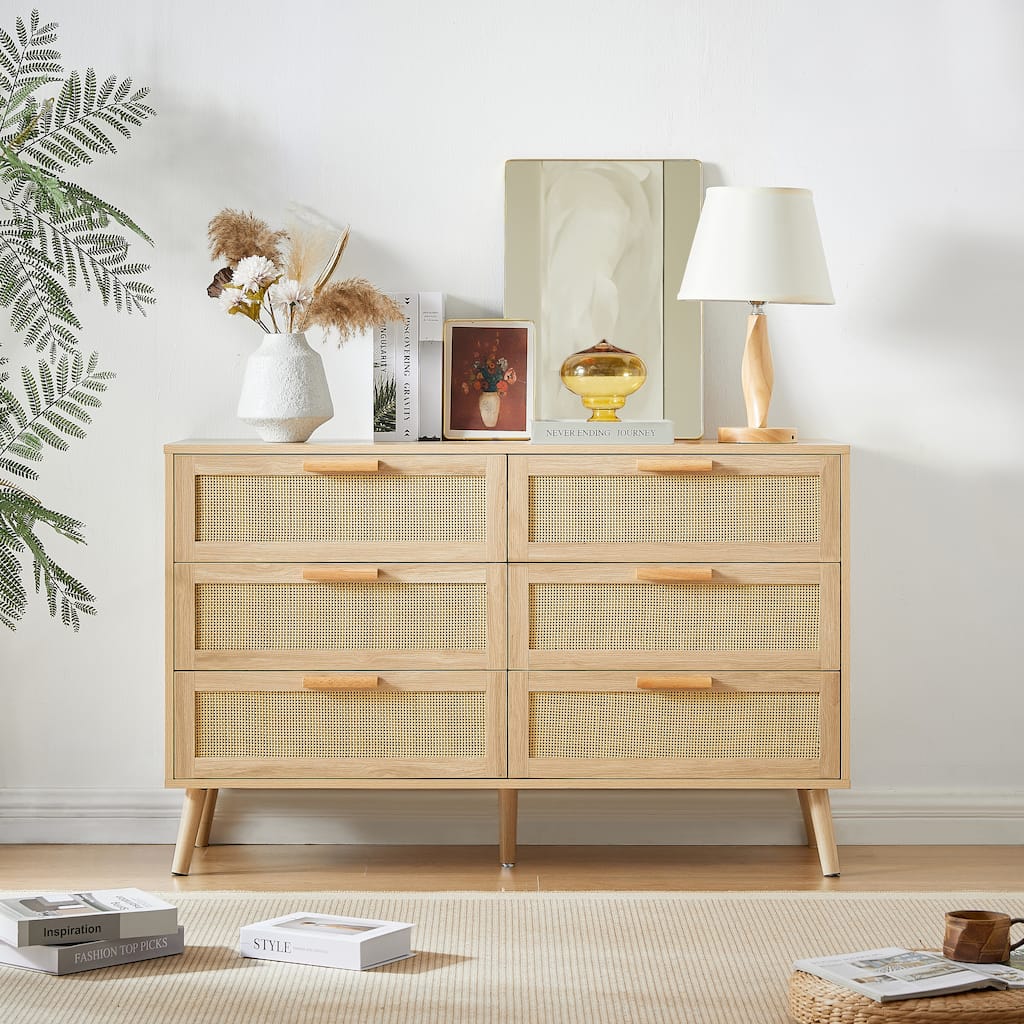 Bedroom Dresser,6 Double Dresser with Rattan Drawers,Wood Chest of Drawers for Kids Room, Living Room