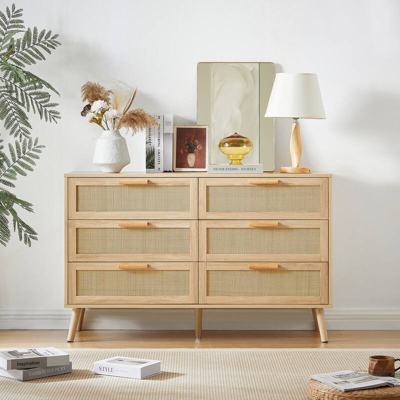 Bedroom dresser,6 Double Dresser with rattan drawers,wood chest of drawers,Natural, 47.2'' W x 15.8'' D x 30'' H - Natural