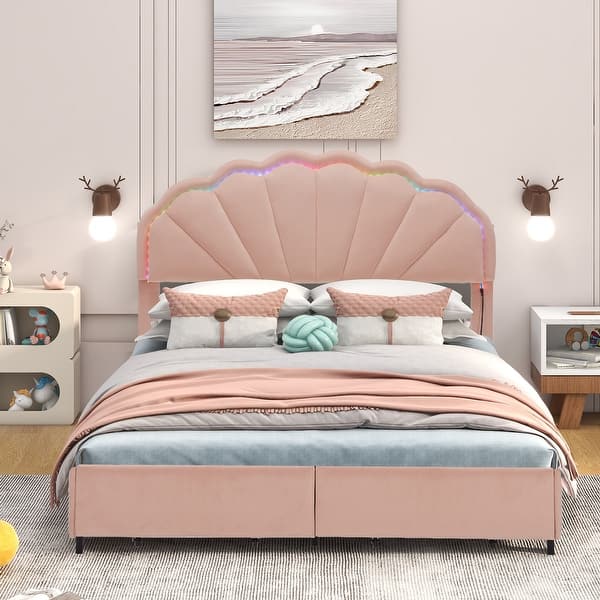 slide 2 of 7, Full Size Upholstered Smart LED Bed Frame with 2 Storage Drawers and Chic Double Petal Headboard 77.17"L x 55.91"W x 39.37"H - Pink