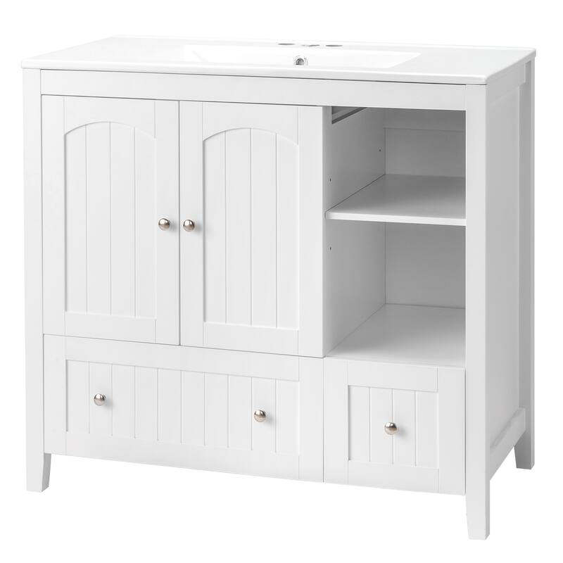 Modern Lacquered Bathroom Organizer Cabinet with Two Drawers and Dual Doors for Storage - 35.82”(H) x 18.11(W) x 32.28 (D)
