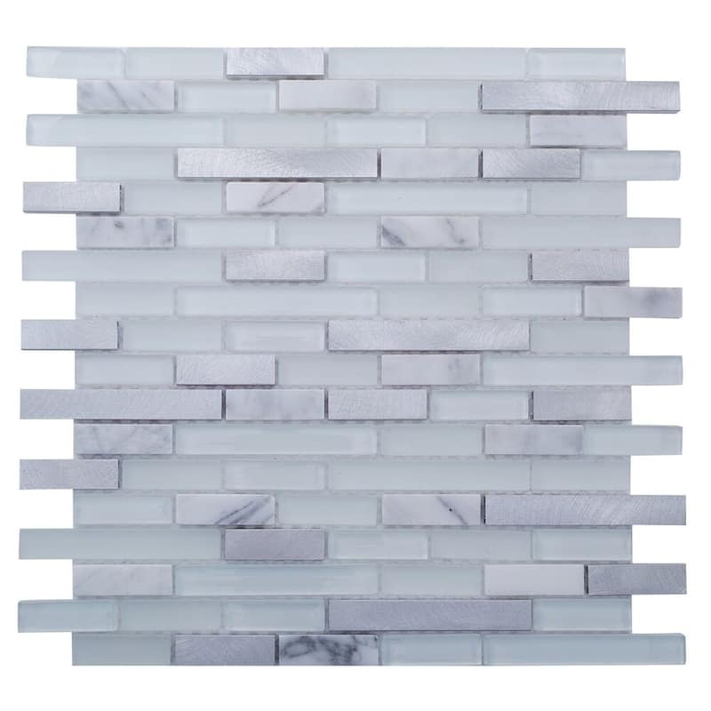 Victory Brick 1x3 Glass Linear Mosaic Tile - Wall, Backsplash - 4 x 4 Sample - Carrara and Steel