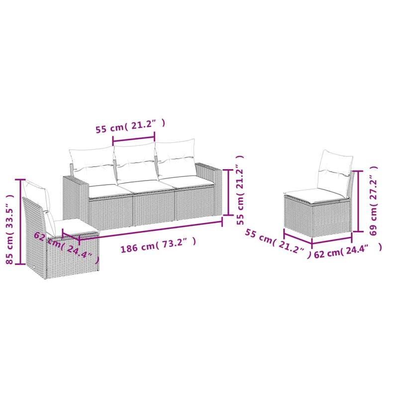 vidaXL 5/6 Piece Patio Sofa Set with Cushions Black Poly Rattan - 21.7" x 24.4" x 27.2"