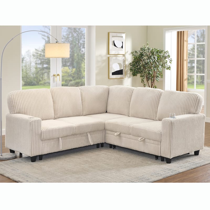 Oversized Corduroy Sectional Sleeper Sofa with Pull-Out Bed, L-Shaped 5-Seater Upholstered Couch Bed with USB Charging Ports - Beige