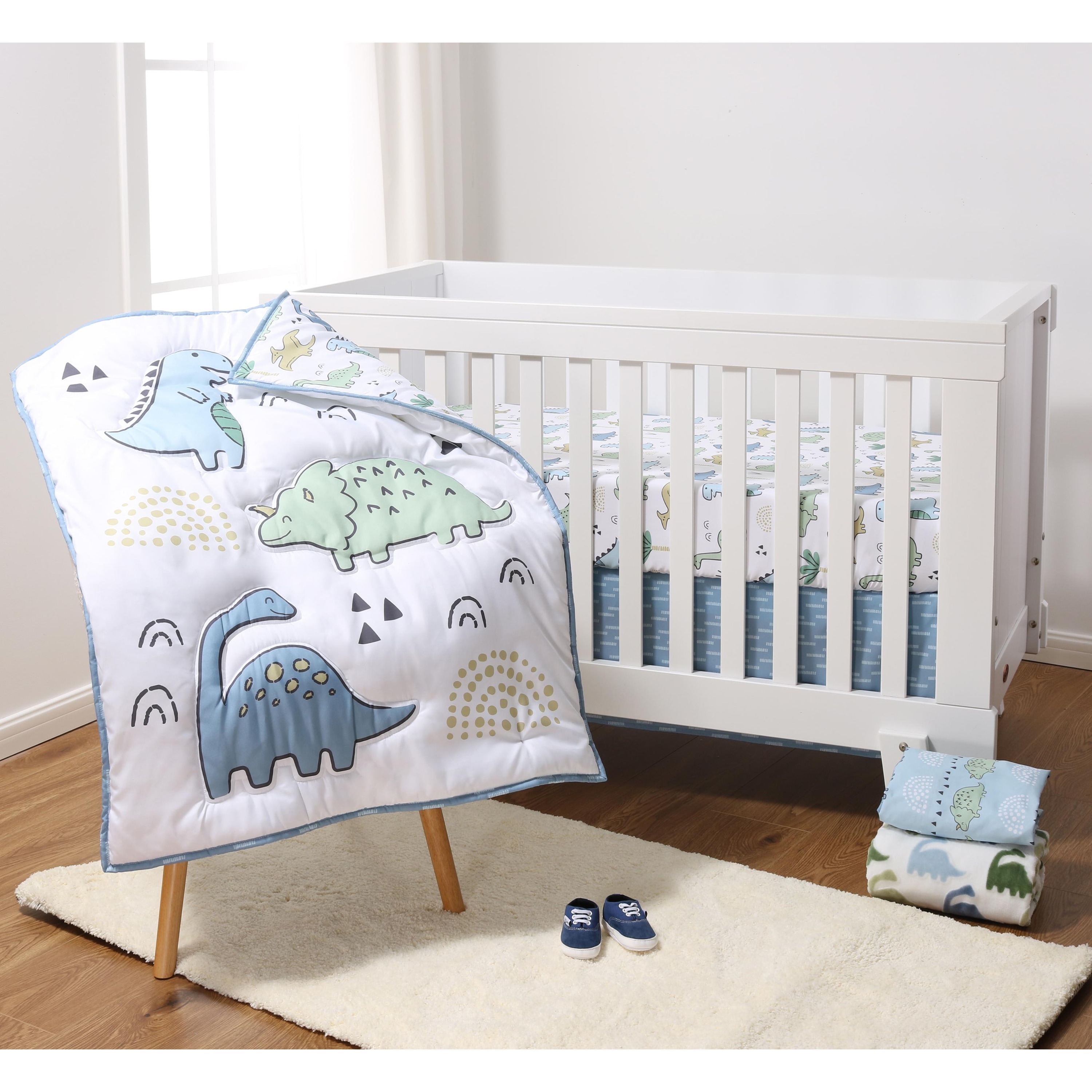 The Peanutshell Blue Dino 5 Piece Crib Bedding Set for Baby Boys, Nursery Set with Blanket