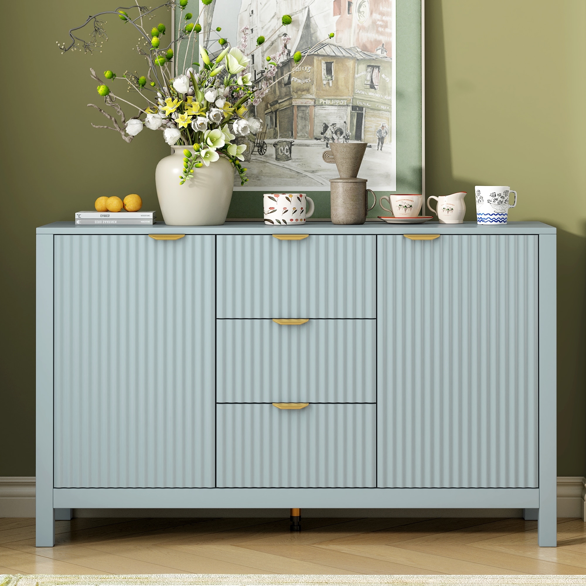 Roomfitters Sideboard Buffet Cabinet with 3 Drawers, Mid-century Modern Fluted Accent Storage for Kitchen & Dining, Cyan