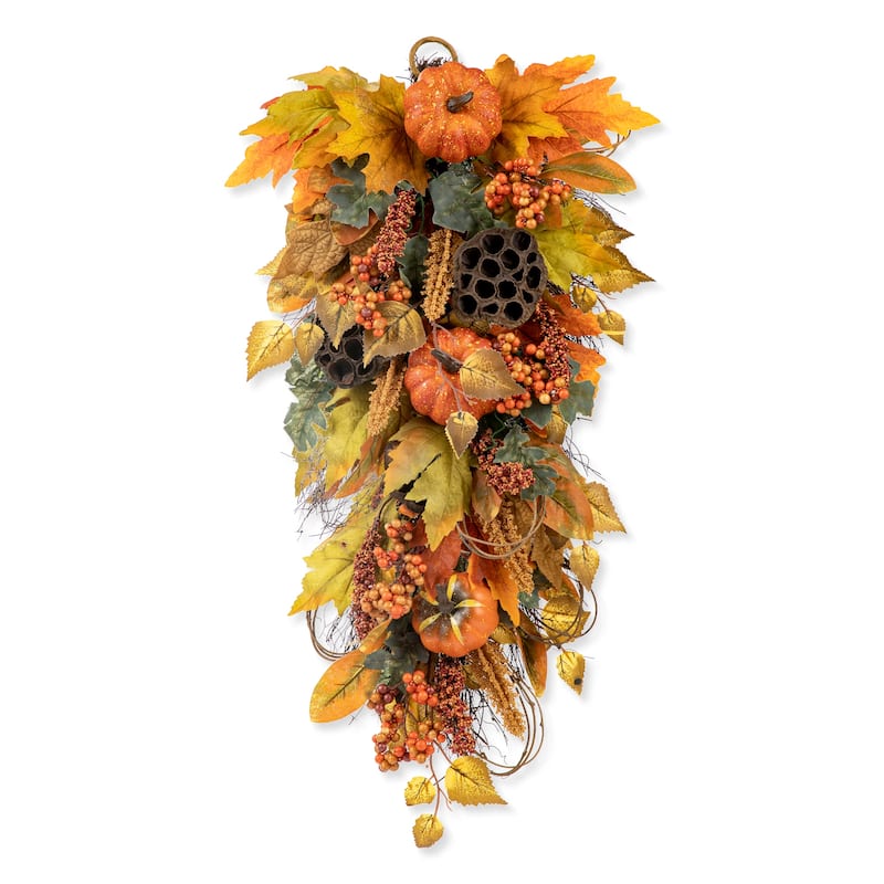 Glitzhome 26"H Fall Sunflower Pumpkin Lotus Leaf Teardrop Swag Wreath Thanksgiving - Lotus Pod