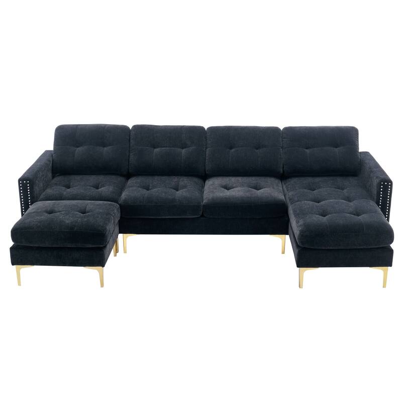 L Shaped Convertible Sectional Sofa with Ottoman, Velvet Fabric 5 Seater Sofa, Upholstered Sofa with Chaise & Storage Pockets