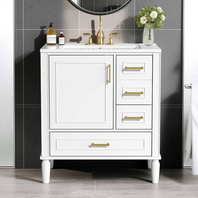 30" Ceramic Sink Bathroom Vanity with Gold Handles, Soft-Close Storage & Space-Saving Design - White