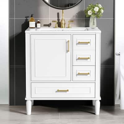 30" Ceramic Sink Bathroom Vanity with Gold Handles, Soft-Close Storage & Space-Saving Design