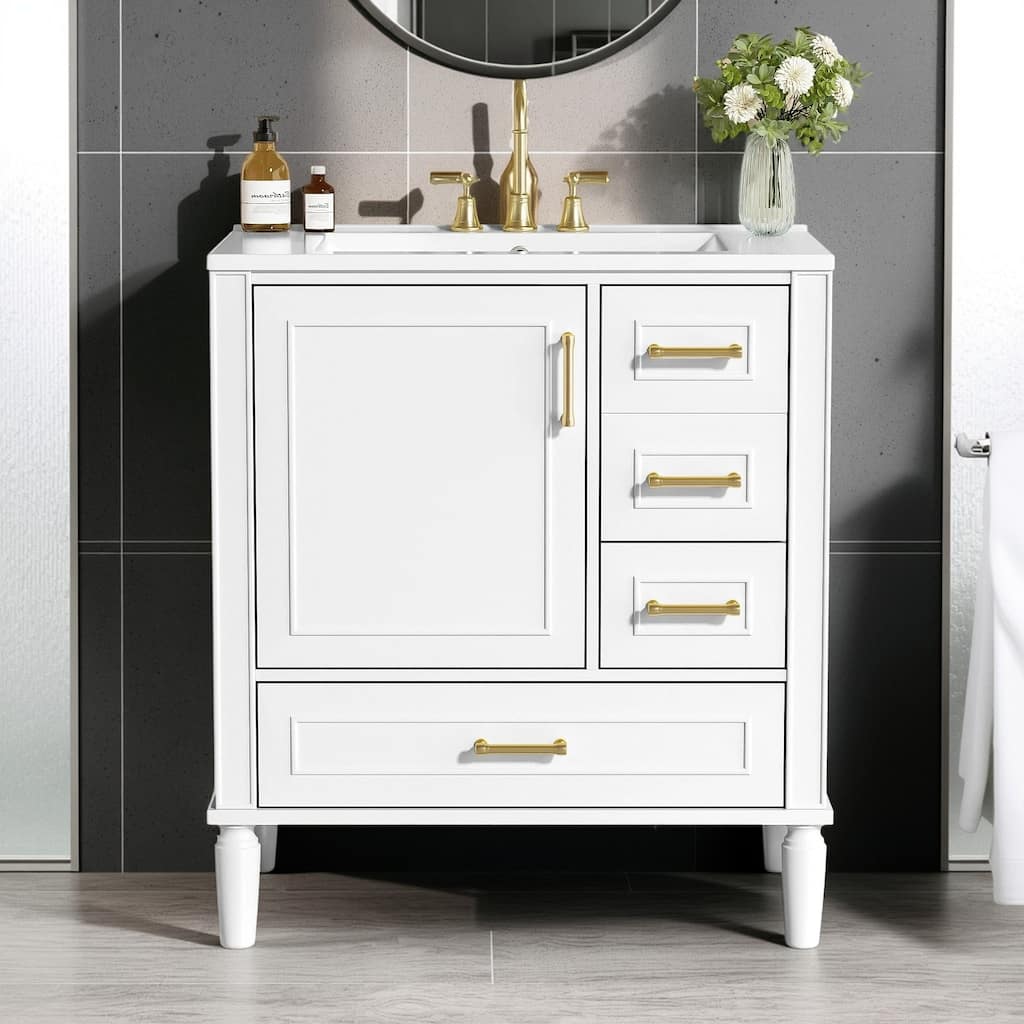 30" Ceramic Sink Bathroom Vanity with Gold Handles, Soft-Close Storage & Space-Saving Design