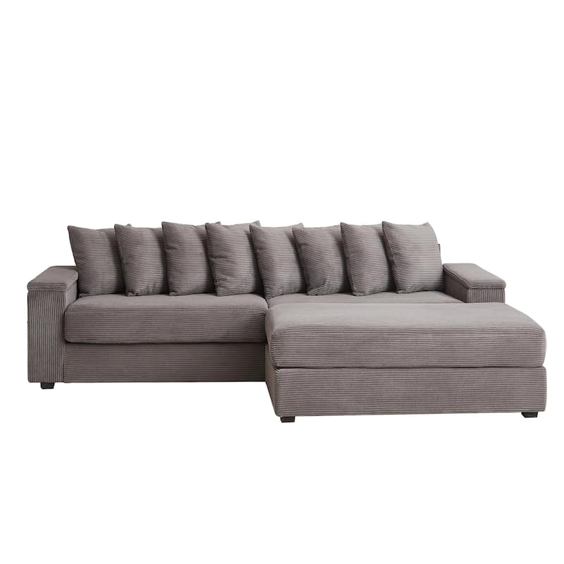 104" Corduroy L-Shaped Sectional Sofa with Ottoman Included, 8 Pillows and Armrest Storage