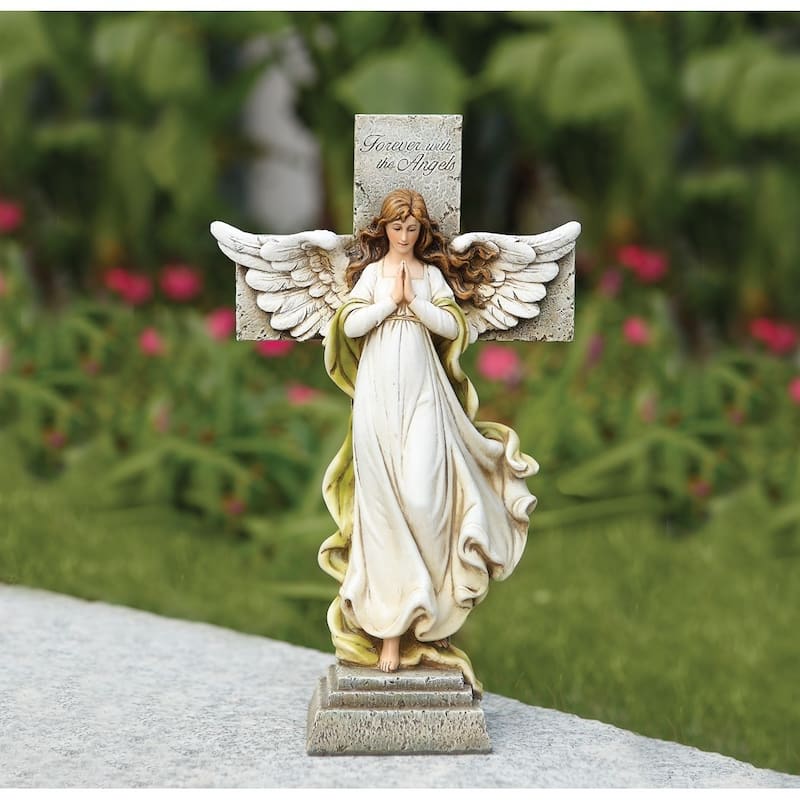 Curata Forever with The Angels Memorial Angel with Cross Stone Resin Statue