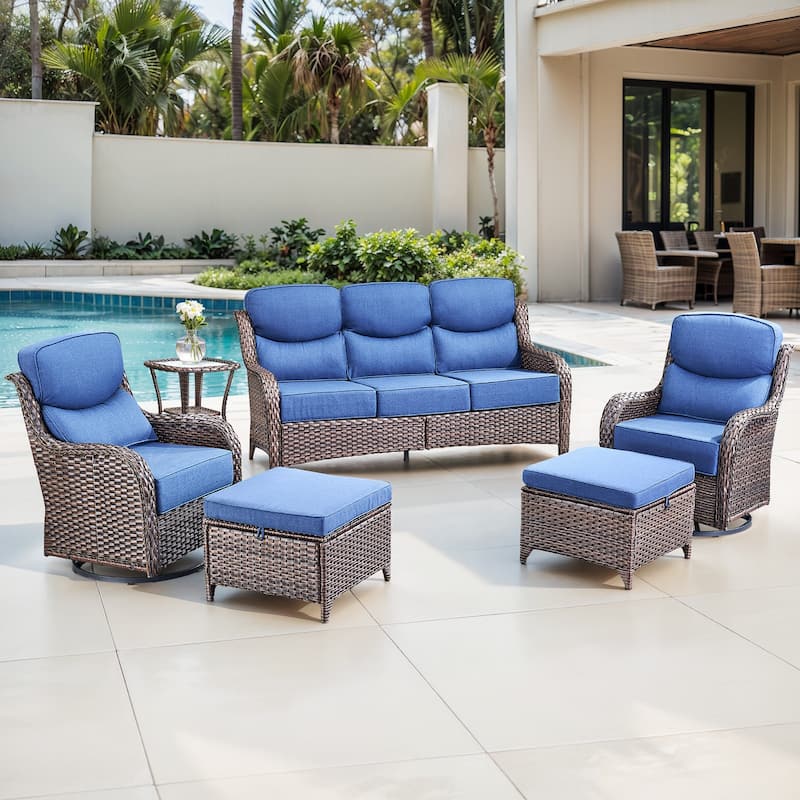 Gymojoy 6-Piece Patio Furniture Set with Swivel Glider Chairs, 6-Inch Ultra-Plush Cushions & Water-Resistant Olefin Fabric - Brown Wicker / Blue Cusion - 6-Piece