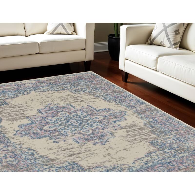 Power Loomed Distressed Floral Non Skid Stain Resistant Area Rug - 144' X '102' X '0.5 - 144' X '102' X '0.5 - Oxford Blue - Rectangle