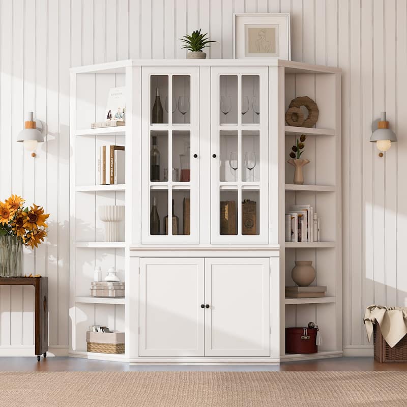 Roomfitters 75.25'' Display Cabinet with Glass Doors and Two Triangle Bookshelves, Retro Wall Storage Unit for Living Room