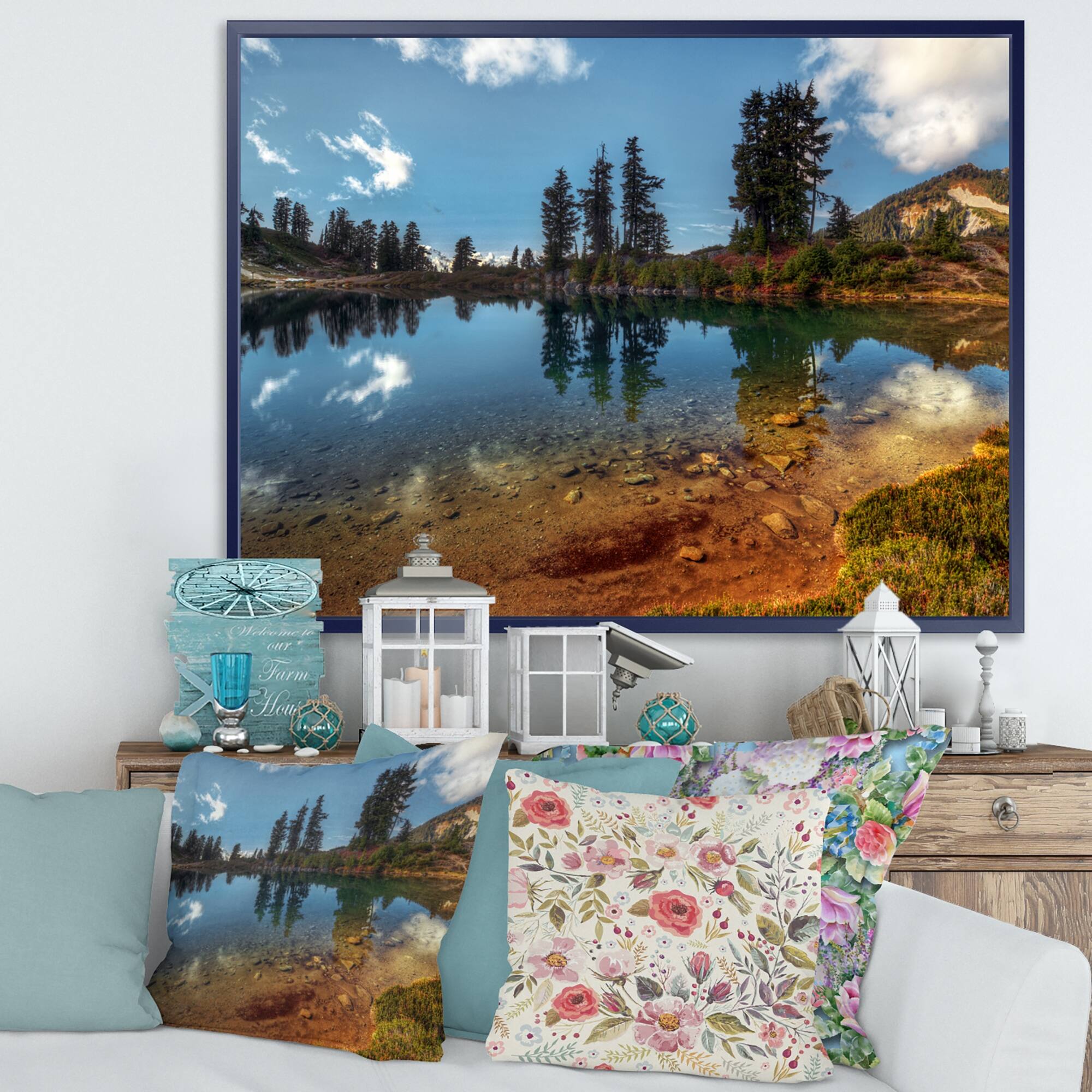 Designart "Clear Lake with Row of Pine Trees" Extra Large Landscape