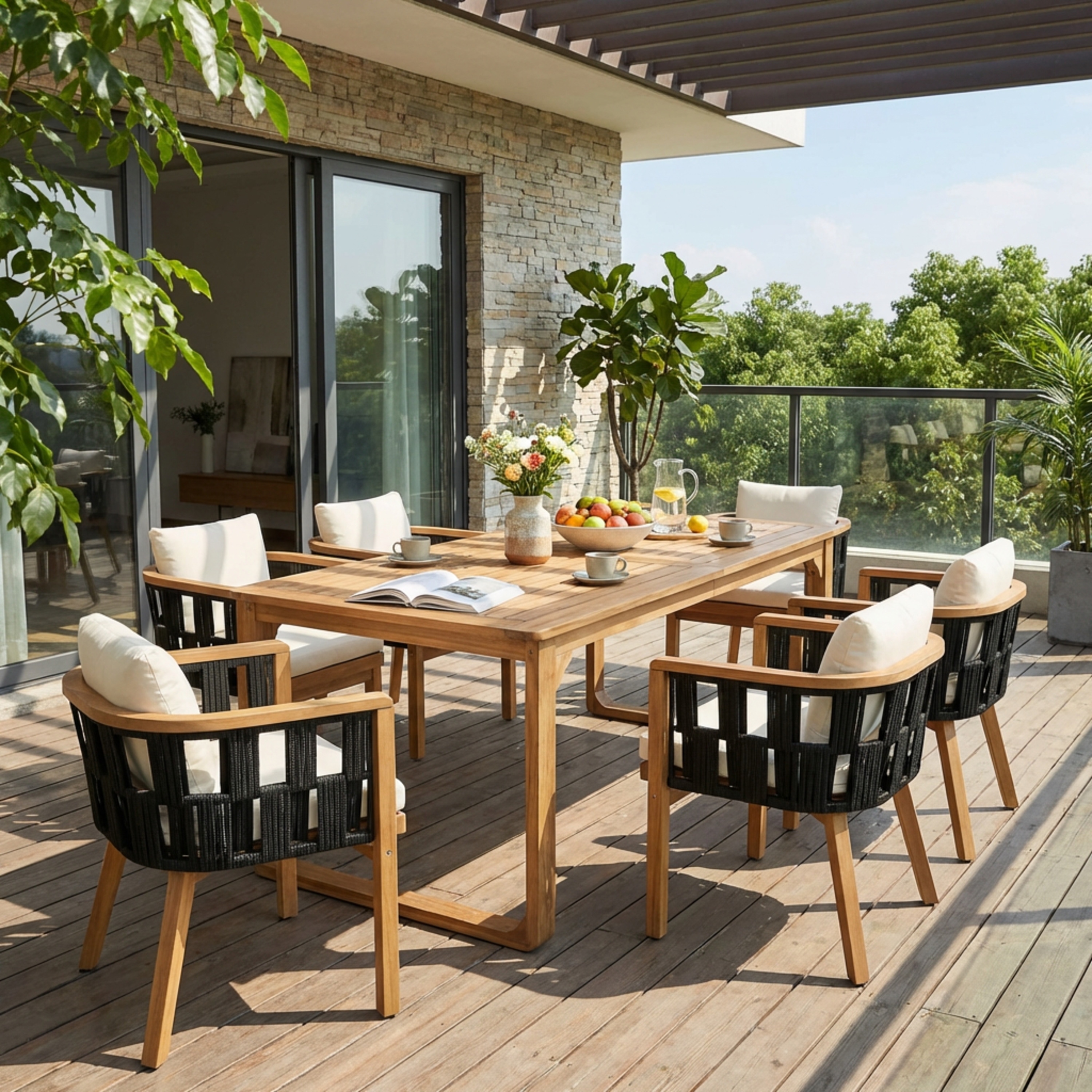 Christopher Knight Home - Ronan Outdoor Acacia Wood Dining Set with Flat Rope Chairs & Curved Leg Dining Table, Teak Finish